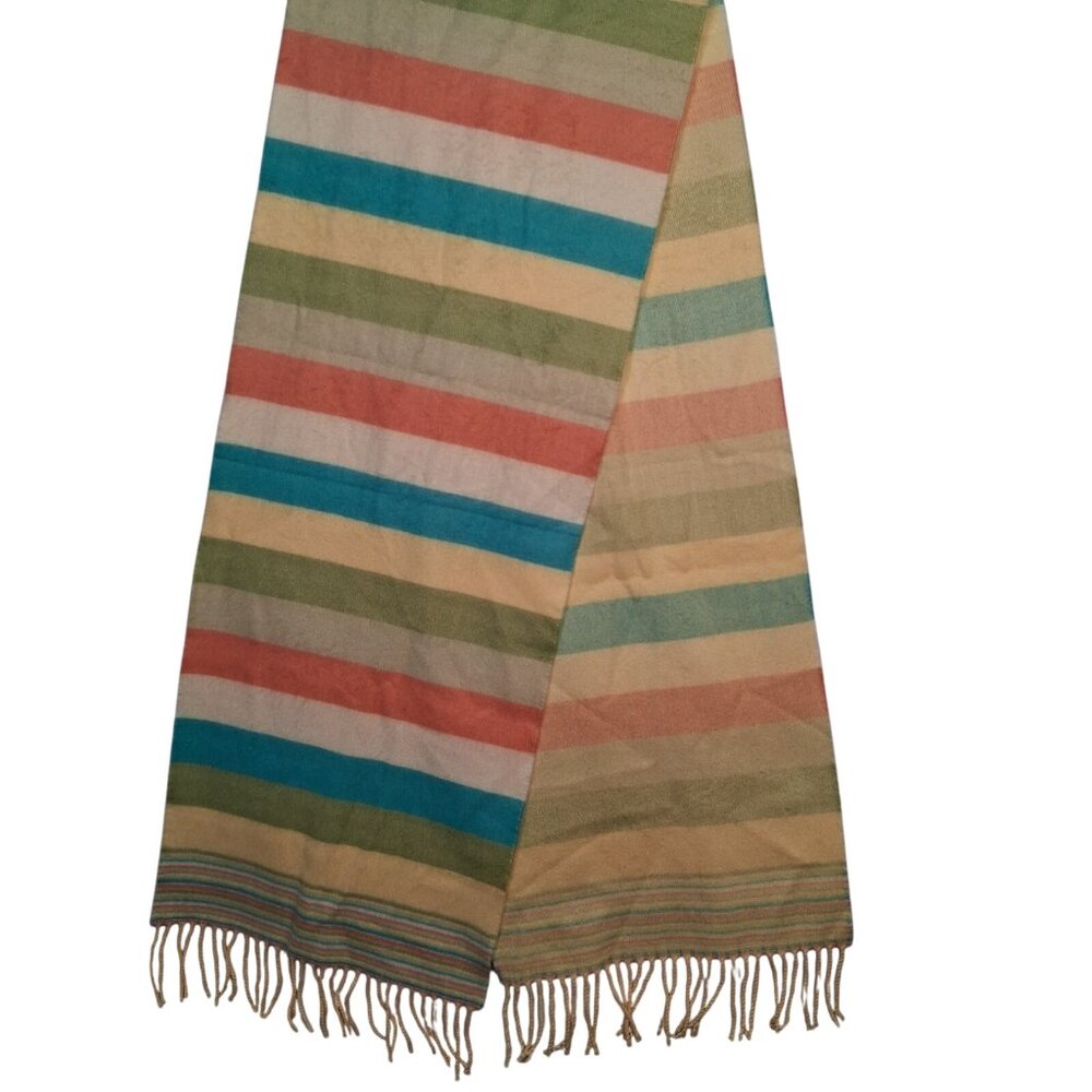 Cashmere Scarf Fringe Pastel Striped Yellow Salmon Blue Green Made in Scotland - Picture 6 of 8